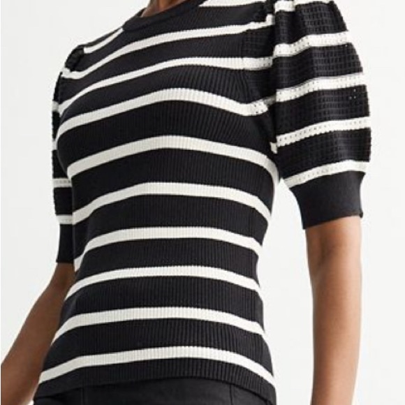 Black and White Striped Puff Sleeve Top - Picture 1 of 4